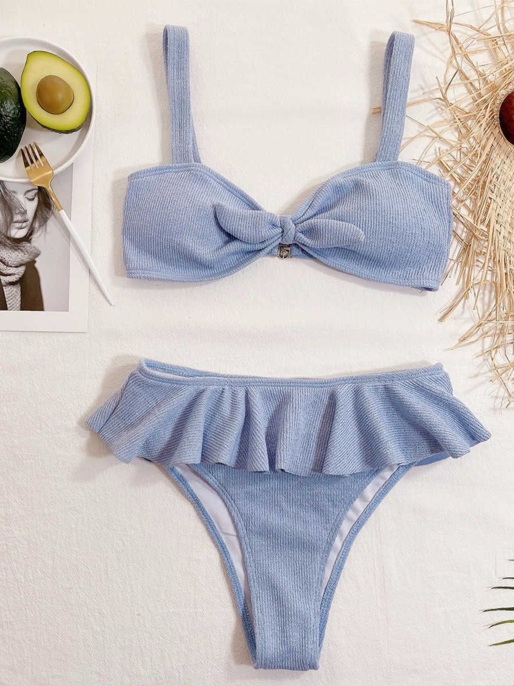 SHEIN: Light Blue Ribbed Ruffle Bikini Set - Picture 2 of 8